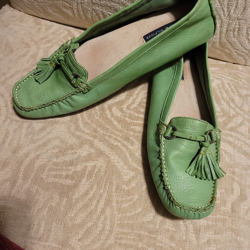 Tommy Hilfiger Lime Green Leather Tassel Moccasins
